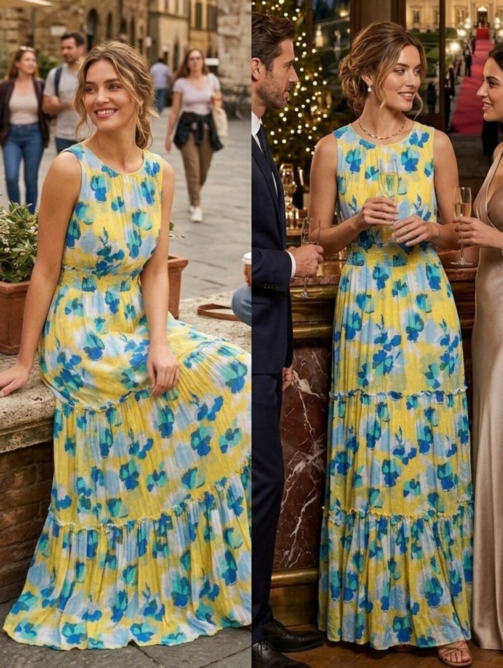 Draper James Yellow and Blue Floral Tiered Maxi Dress